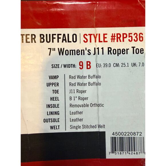 Justin McKean Red Water Buffalo 7” Women’s Roper Toe size 9 B NWT - Picture 5 of 8